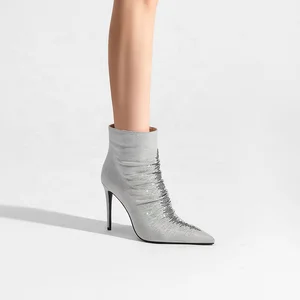Women's Sparkly Suede Stiletto Ankle Boots Pointed Toe Formal Fashion Western Style for Fall/Winter Rhinestone Decorated Booties