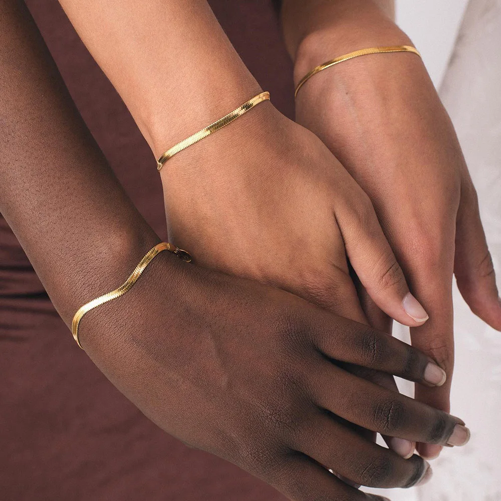 EManco Trendy Classic 14K Gold Plated Stainless Steel Thin Flat Snake Chain Bracelet for Women Gift Jewelry