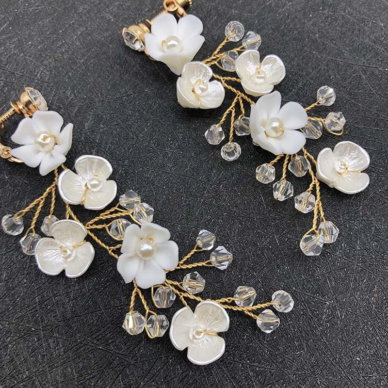 ROMANTIC Handmade Crystal Clip on Wedding Dangle Flower Bridal Earrings for Women
