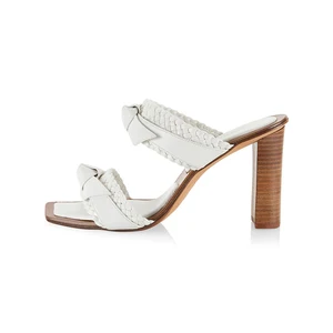 White Woven Leather Mule Sandals Wood Block Heel Bohemian Elegant Spring Summer Date Vacation Casual Comfort Shoes Wholesale