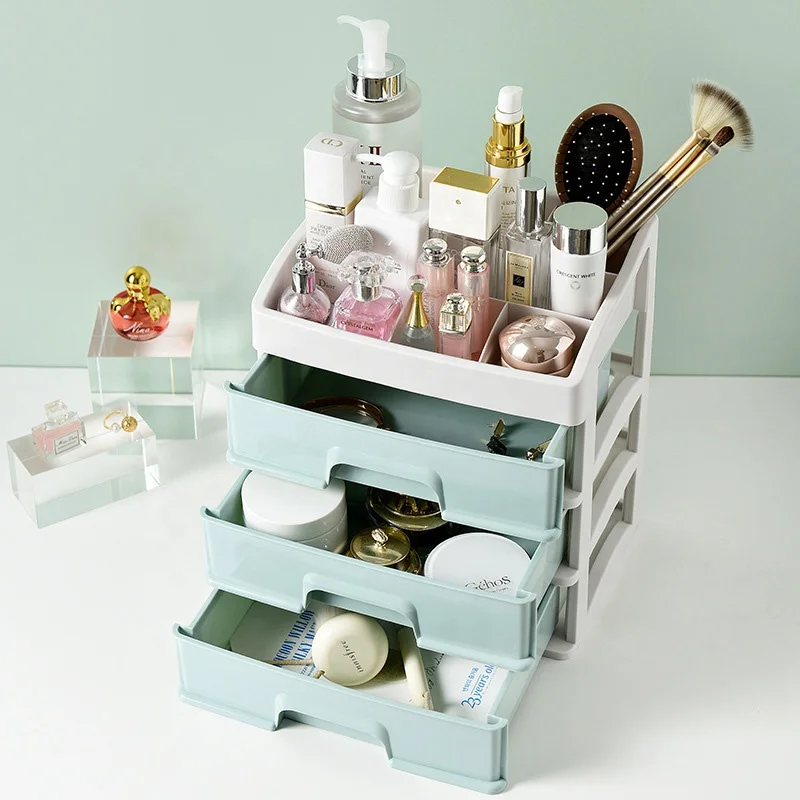Недорогая пластиковая столешница для хранения косметики, органайзер для макияжа с 3 ящиками для косметических кистей, ногтей, помады и ювелирных изделий
