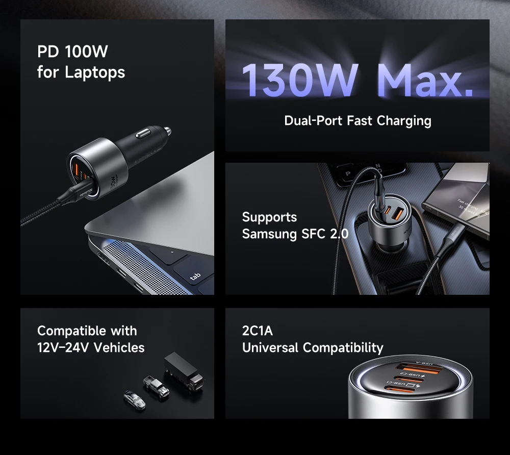 Sạc nhanh đồng thời 3 cổng 2C1A cho ô tô