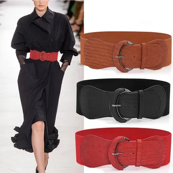 Women 7.5cm Wide Stretchy Cinch Waist Belt Trimmer Waistband Leather Elastic Belt for Ladies Dress