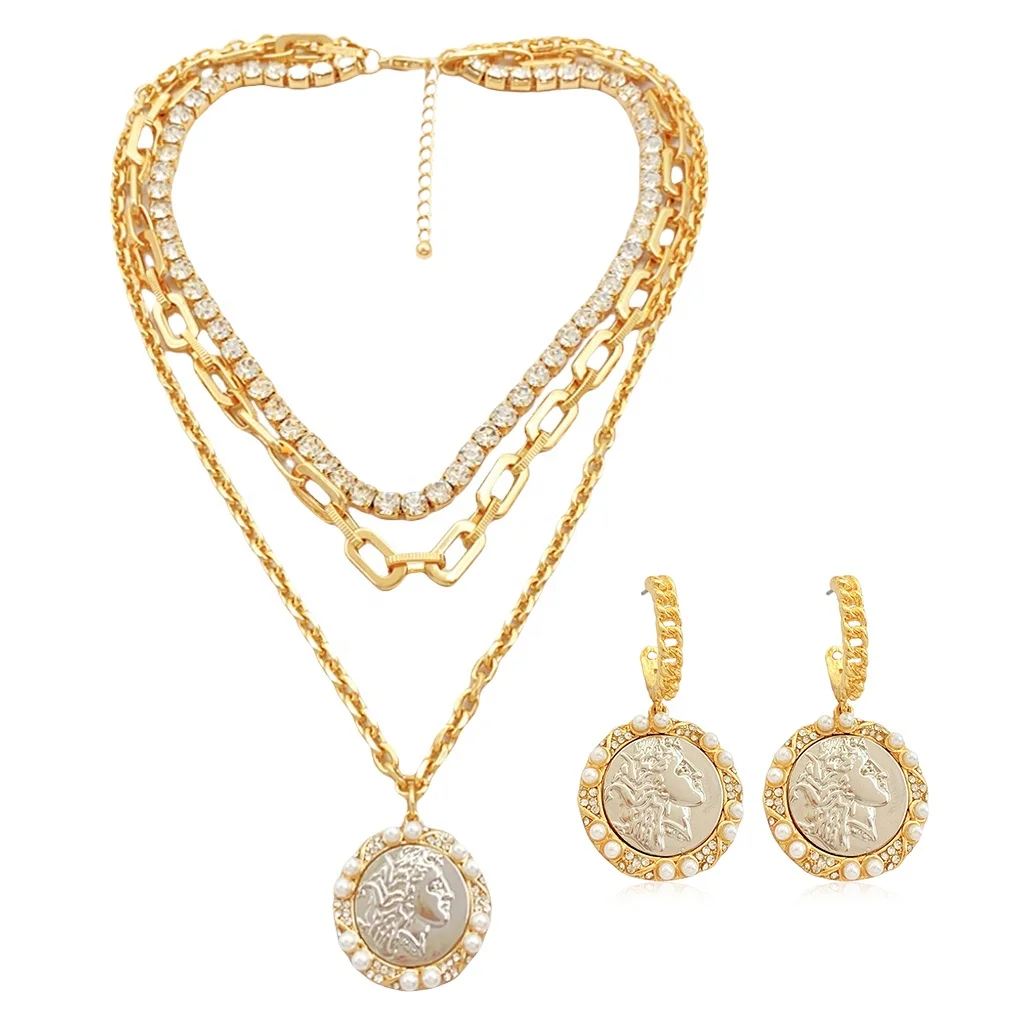 Hot Selling Customizable Women's Multi-Layer Gold Link Chain Pearl Crystal Necklace Earring Set Featuring Cameo Pendant Jewelry