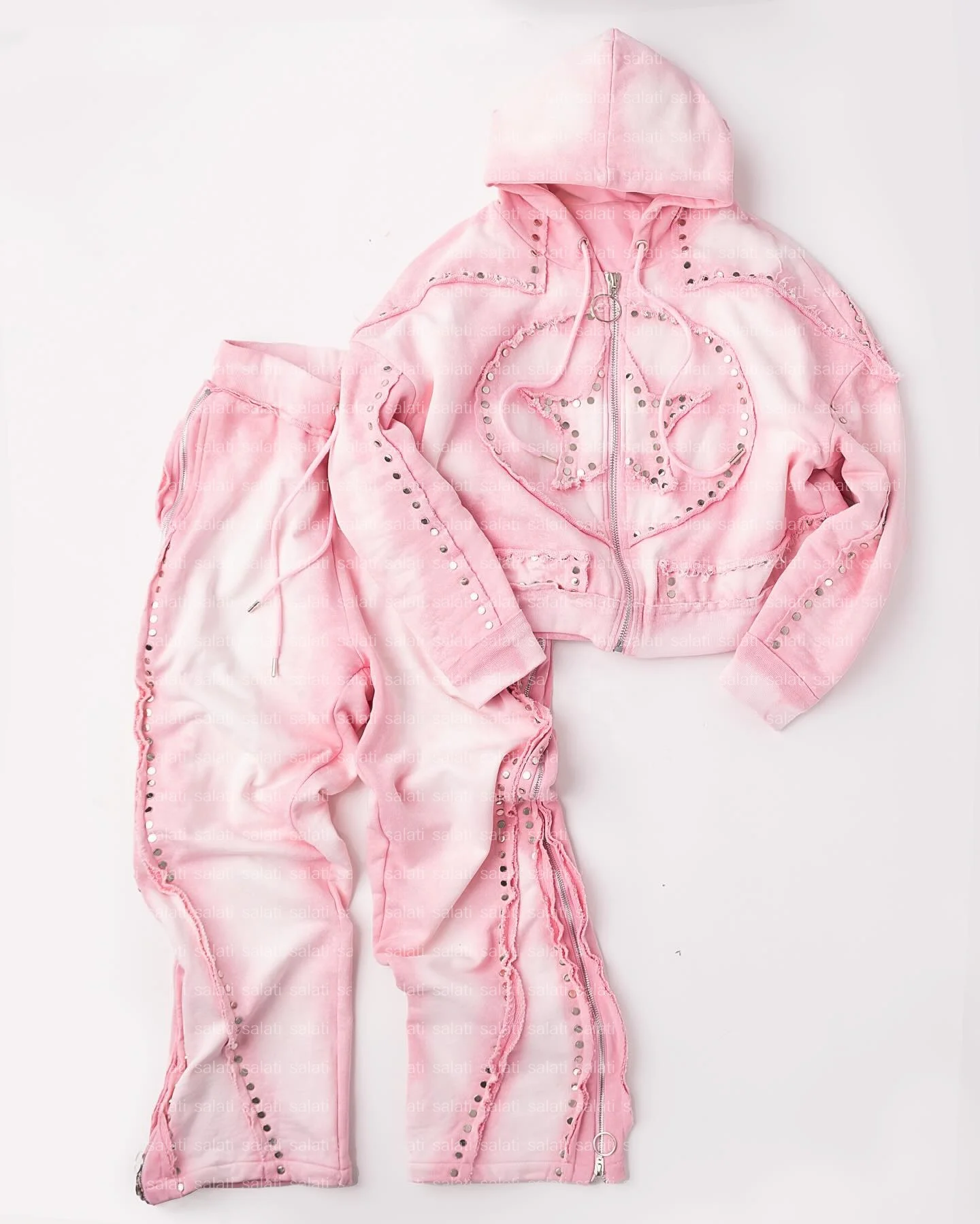 Custom 2PCS Distressed Jogging Sweat Suit Rhinestone Flared Acid Wash Tracksuit Sweatsuits Jogger Sweatpants and Hoodie Sets Men