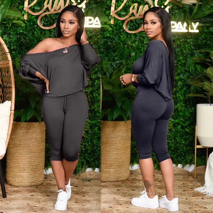 MOEN Off Shoulder kadin setleri Stretchy Fashion Two Piece Set Women Clothing Plus Size Woman 2pcs set