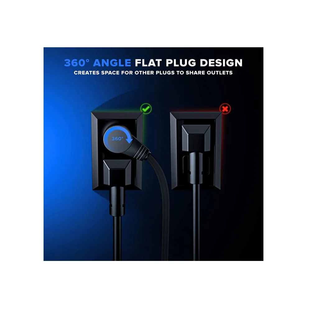 360 Rotating Flat Plug Extension Cord / Wire,16 Awg 12 Inch Multi 3