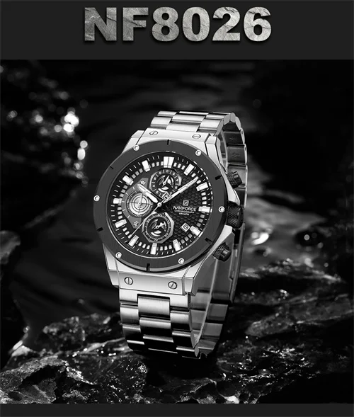 NAVIFORCE 8026 SB Factory Small Three Needle Watches for Men Chronograph Stainless Steel Strap Men Wrist Watches Big Dial Clock