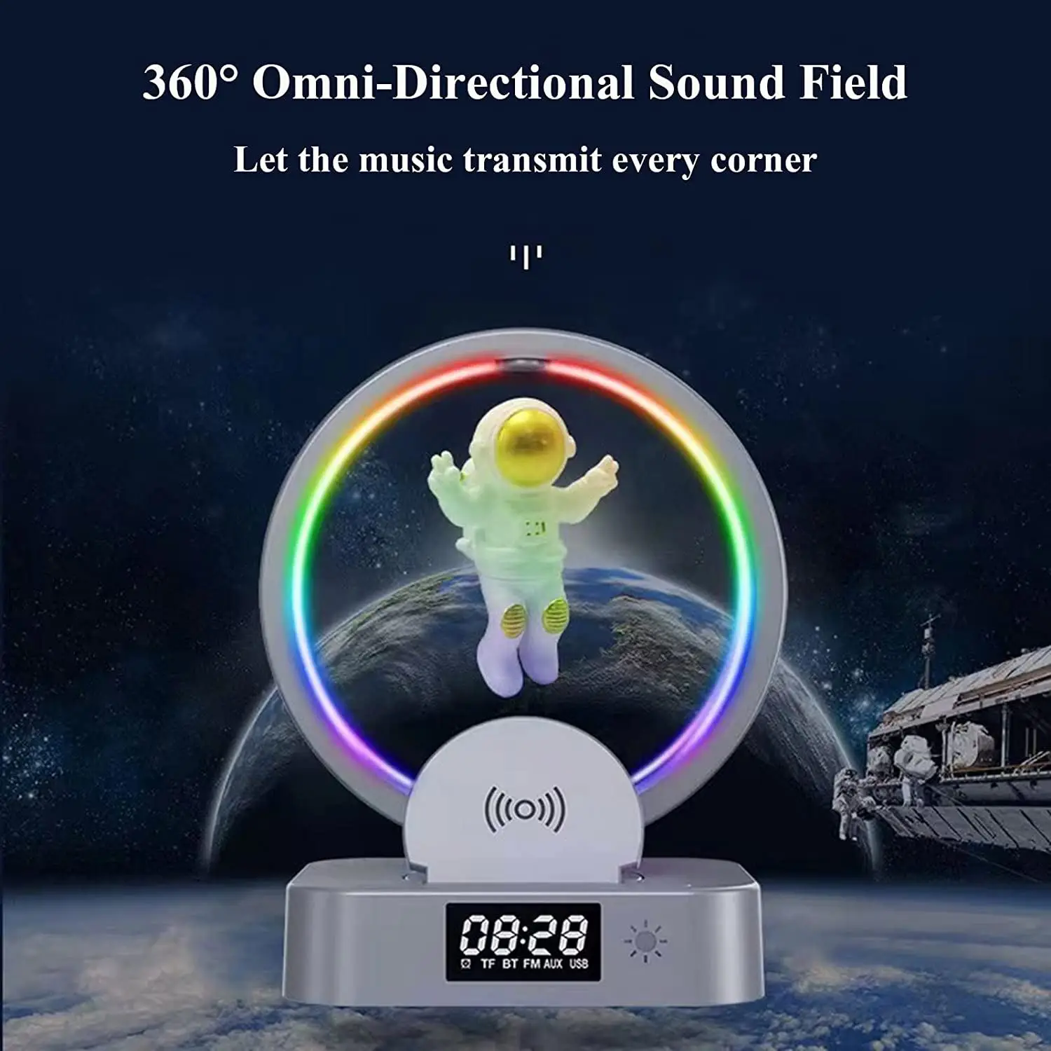 Wireless Charger Alarm Clock Astronaut RGB Atmosphere Light Night Magnetic Levitation Clock Light Astronaut