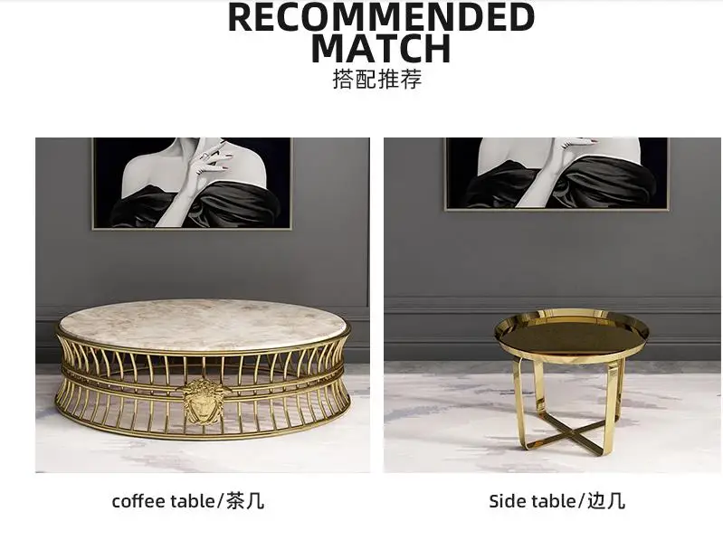 Modern Luxury Middle Center Table With Medusa logo Gold Stainless Steel Base Round Marble Top Coffee Table