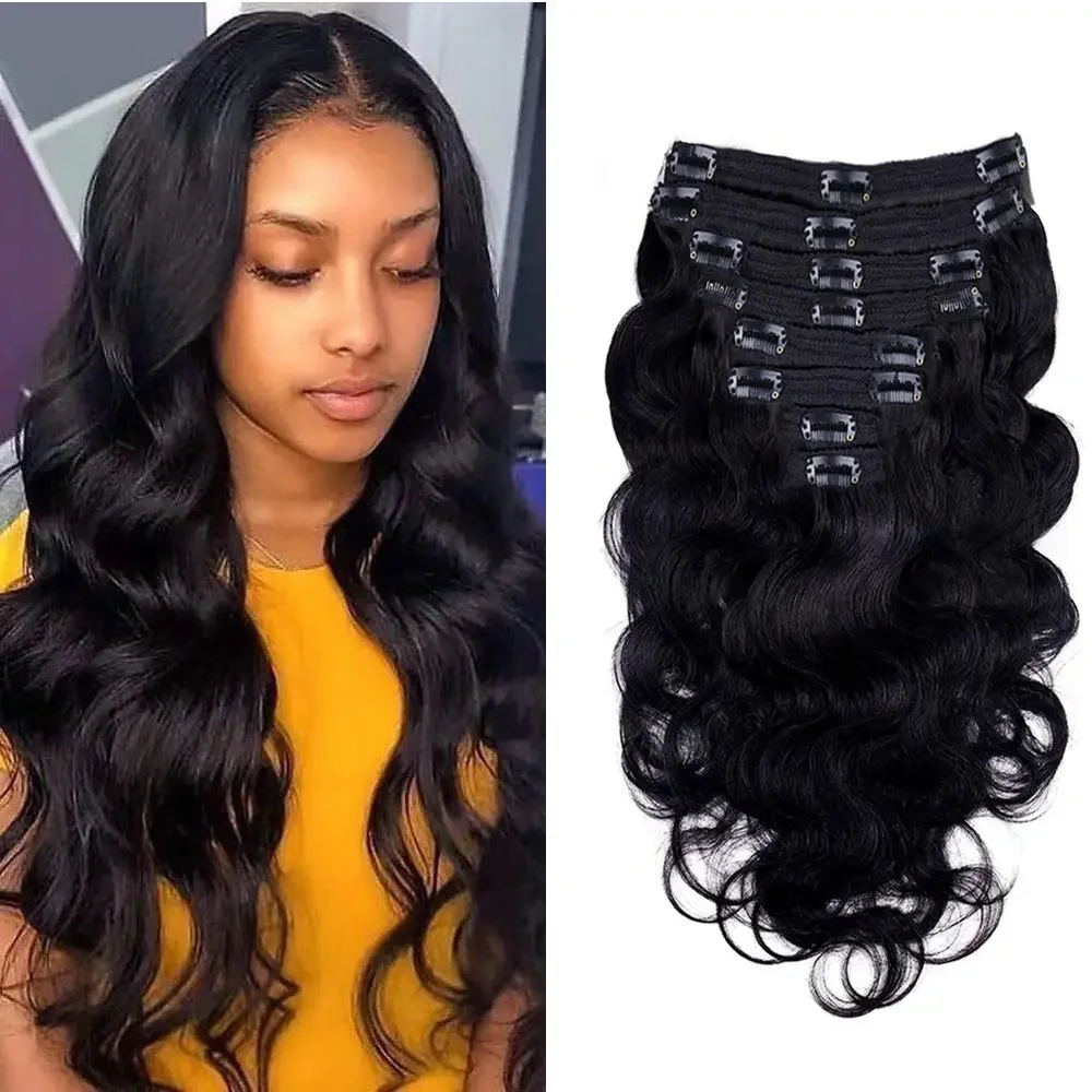 Body Wave Clip In Hair Extensions Natural Black Full Head 8 Pcs_voghion.com