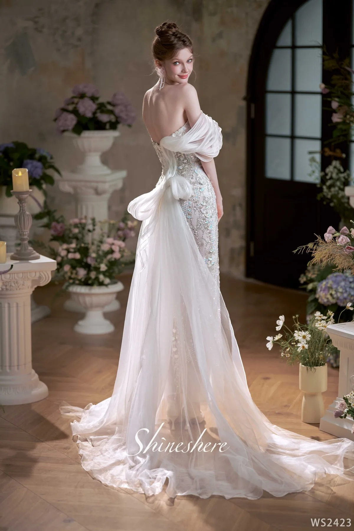 chinese dress ladies Mermaid Off Shoulder Sequined Lace Wedding Dress Beading COCOMELODY CW2509, 45 Days / As Picture:Ivory/Nude / US8-UK10-EUR38