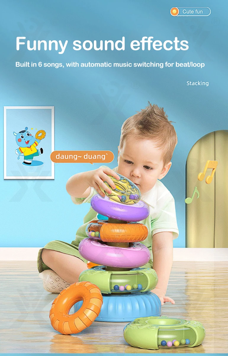 Chengji hot selling juguetes educational new born baby plastic toy musical rainbow stacking ring tower