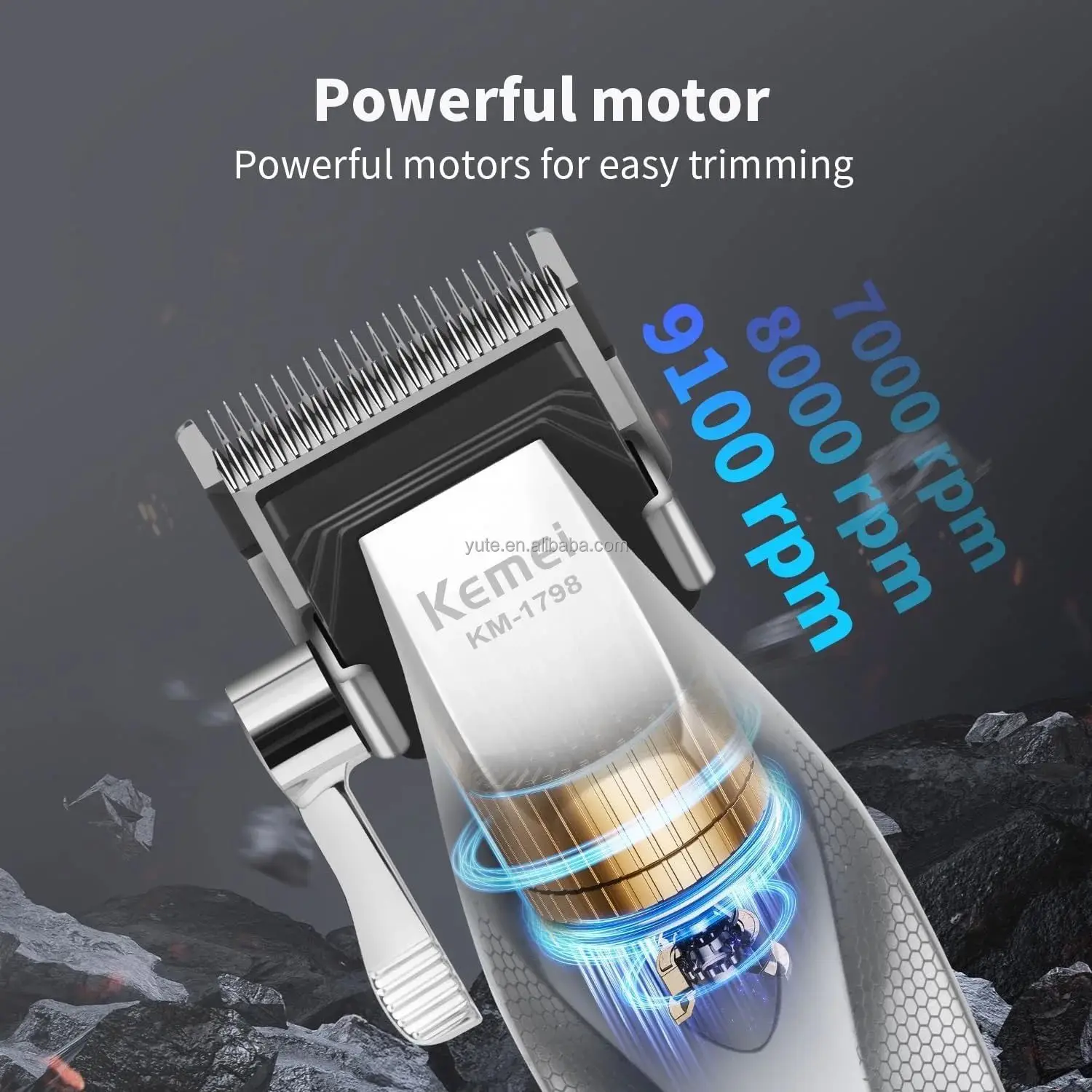Tondeuse &agrave; cheveux Kemei KM-1798 Real Material avec lame rev&ecirc;tue DLC, base de chargement sans fil et station de charge USB, 9000 tr/min.