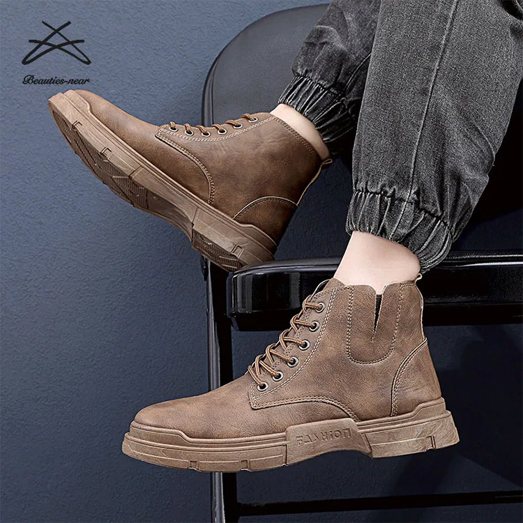 New Men Fashion Lace up Winter Mens Casual Shoes High Top PU Leather Sneaker Ankle Shoes Boots