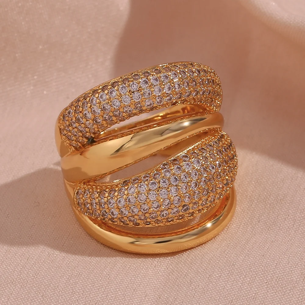 Luxury Women Jewelry Shining Zircon Dome Ring 18k Gold Plated Brass