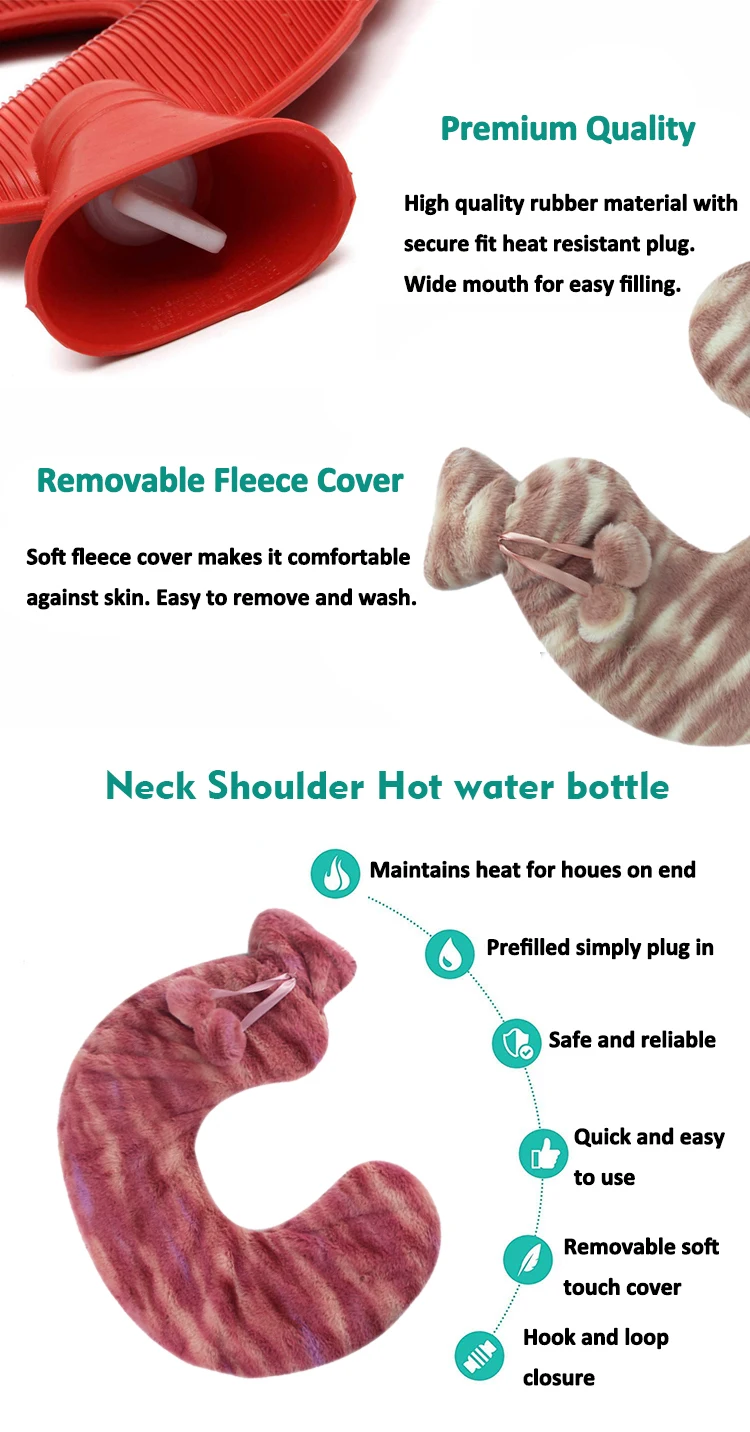 wholesale u shaped rubber hot water bottle neck health care hot water bag with soft plush cover