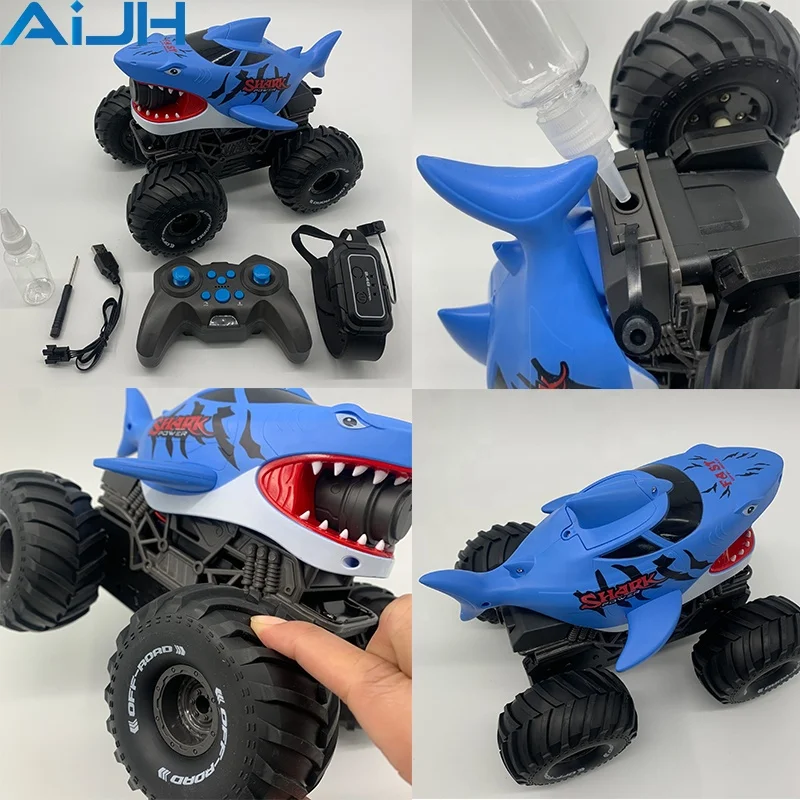 AiJH 2.4G Waterproof Remote Control Shark Car With Water Gun Amphibious RC Shark Car Toy for Kids Adults