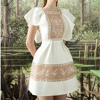 Designer French Dress for Women Princess Flying Sleeves Organza Embroidery Dress Female High Waist A Line Short Dress