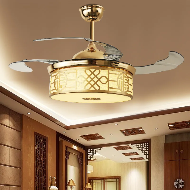Hot sale hidden blade Metal Acrylic lamp lighting folding ceiling Color stitching led fan
