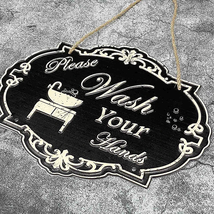 Irregular Shape Embossed Letters Unique Metal Plaque  12X9Inch Please Wash Your Hand Metal Sign for Bathroom Kitchen Decor