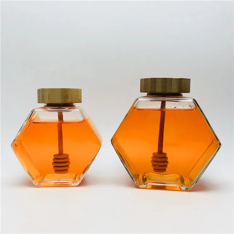 Empty glass hexagon honey jars bulk with dipper lid 220ml 380ml