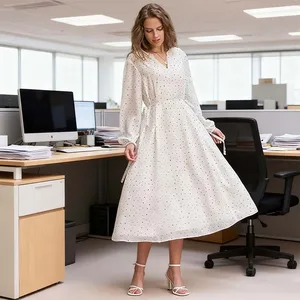 Women's Casual Long Sleeve Midi Dress Spring 2026 Floral Side Tie Waist Chiffon Polka Dot Work Wedding Guest Dress with Pockets
