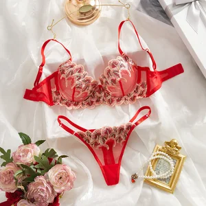2026 New European & American Valentine's Day Sexy Lingerie Set Red 3D Mesh Petal Embroidery Pure Desire Sheer Bra Set