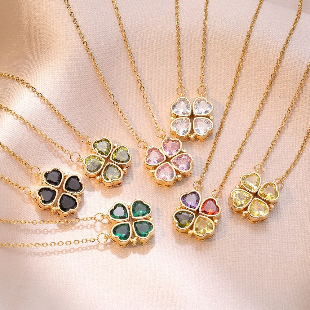 Luxury Gold Zircon Clover Heart Necklace