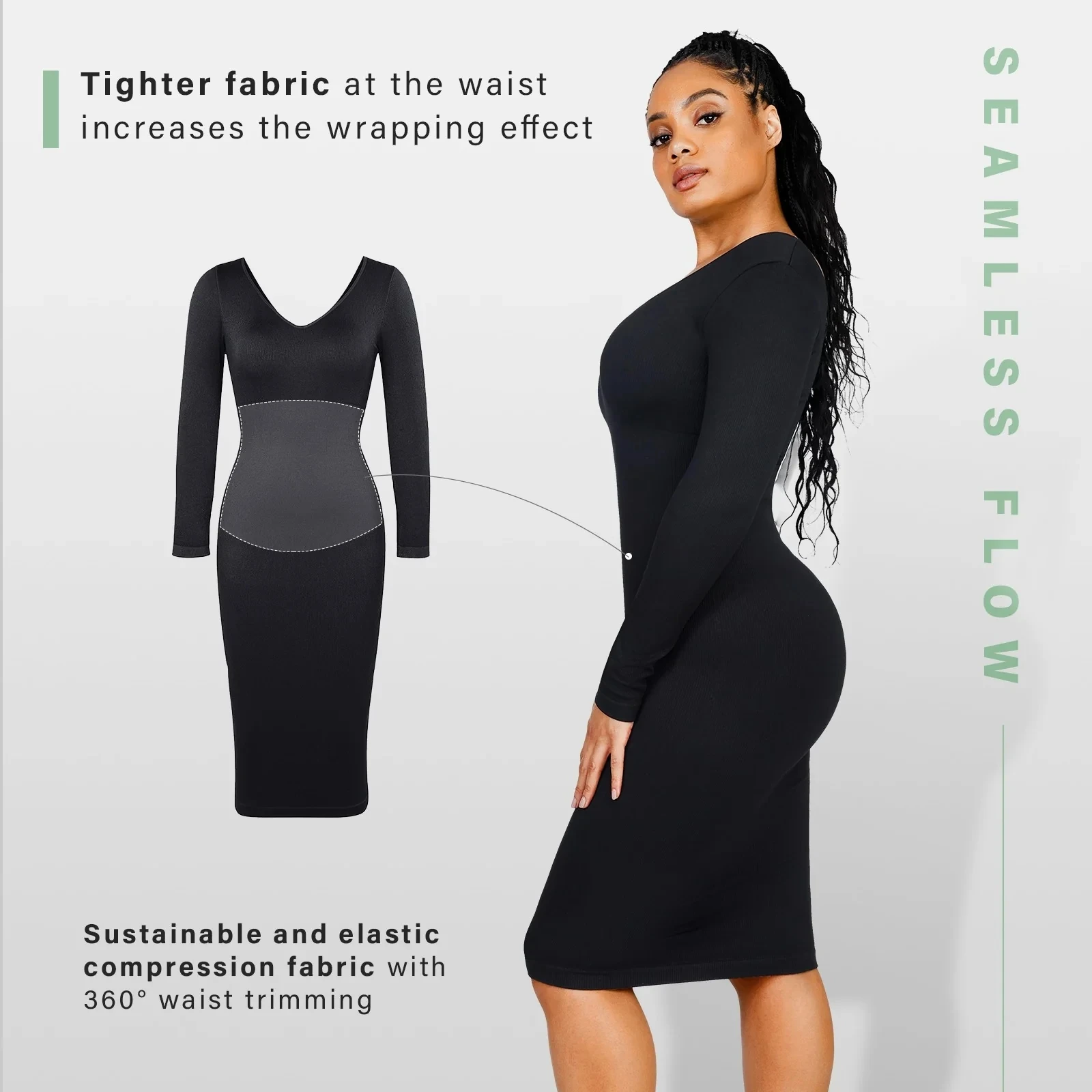 Wholesale Seamless V Neck Eco-friendly Built-in Shapewear Maxi Dress Long  Sleeve Shaper Dress Midi Bodycon Dresses