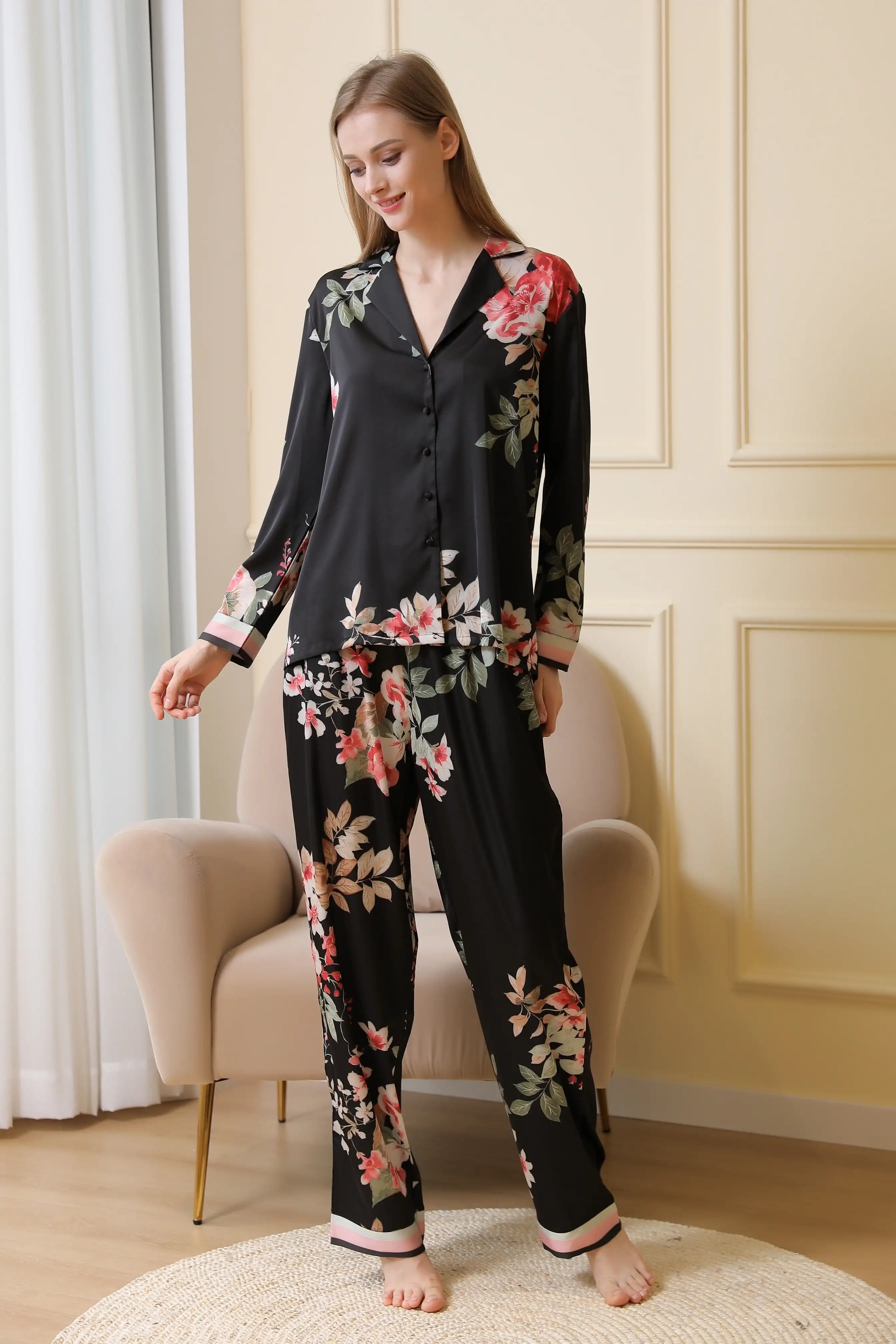 Pama Set Aangepaste Pamas voor Dames Loungewear Pjs Satviscose Blueve Bloemenprint Geweven Effen Polyester Dame Zomerjurk_voghion.com