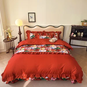 French Pastoral Style 100% Polyester Duvet Cover Set Flat Sheets for Home-King Queen Twin Sizes for Wedding