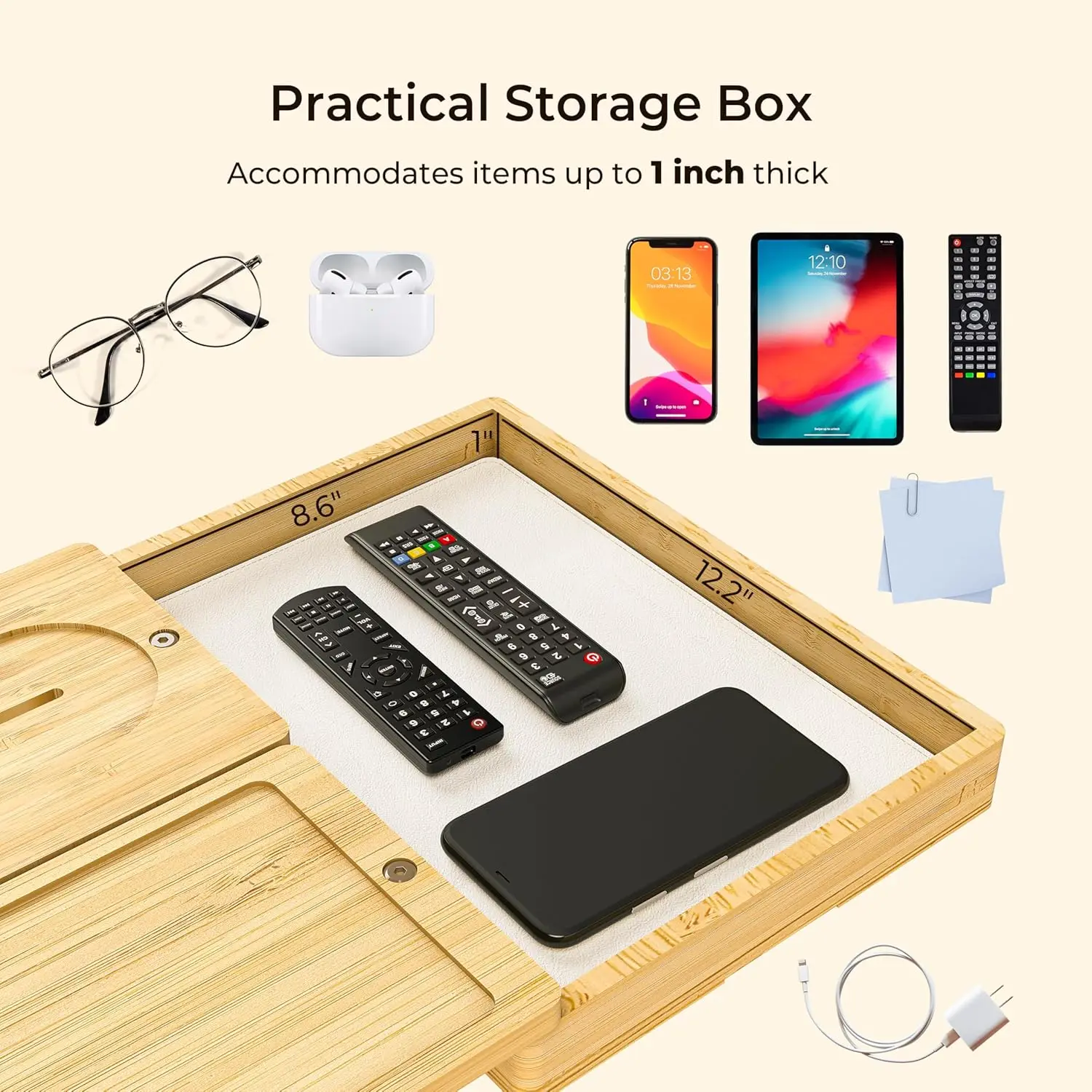 Double Layer Bamboo Couch Arm Tray with 2 Rotatable Tray, Adjustable Sofa Arm Clip Table with Storage Box & 360° Phone Holder