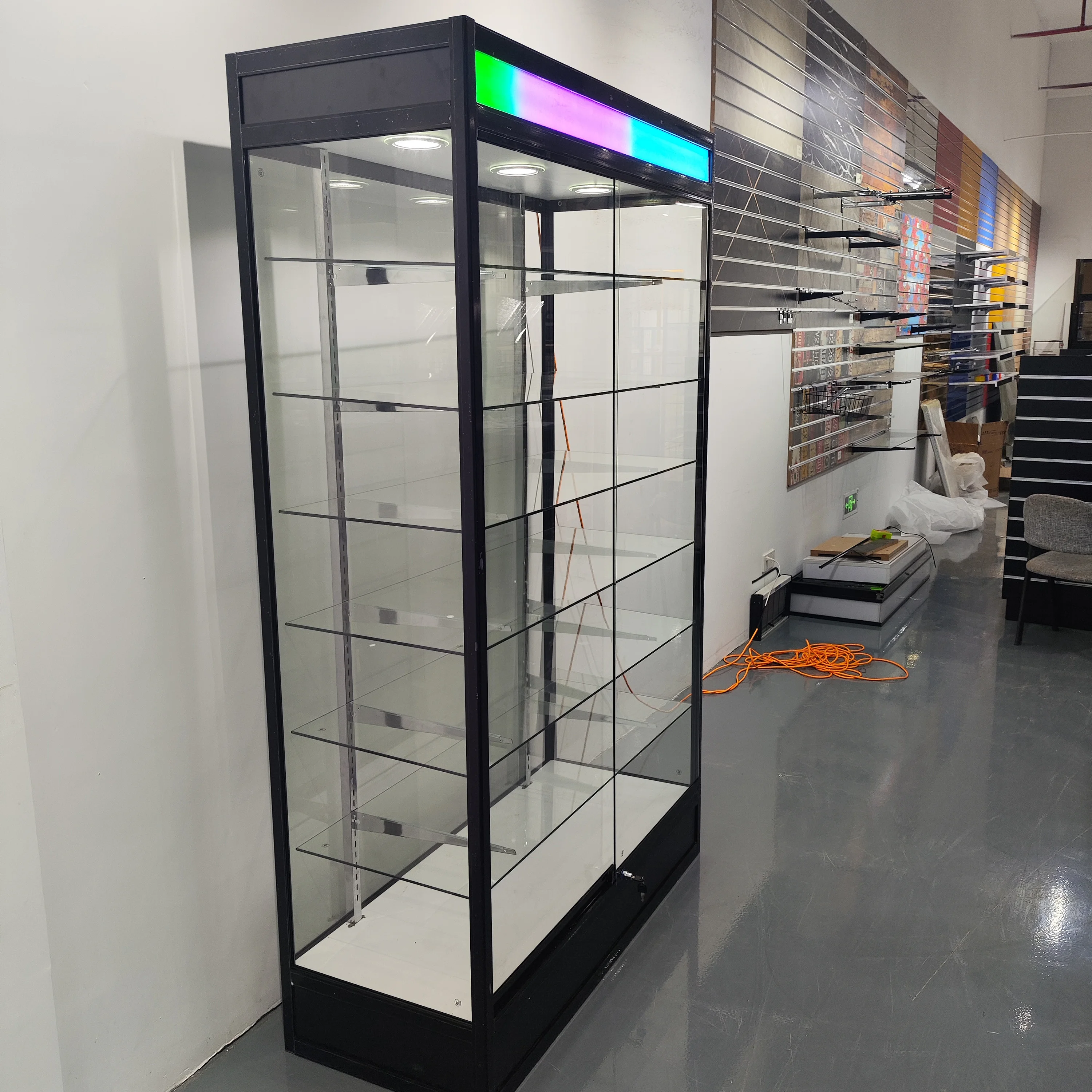 Custom Aluminum Framed Glass Showcase with Colourful Light Box Full Vision Glass Display Showcase for Shop Decoration