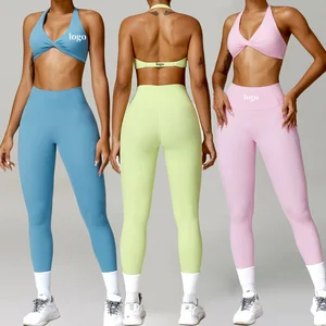 New 2PCS Yoga Sets Wholesale High Waist Leggings Workout Cloth Halter Sports Bra GYM Fitness Wear Casual Sportswear for Women