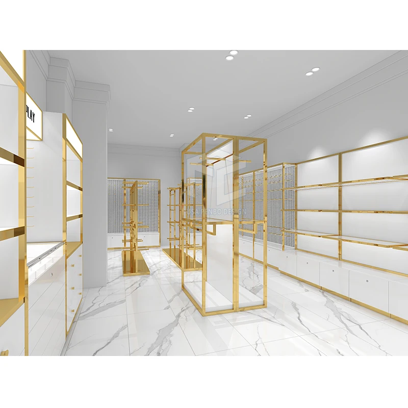 High End Garment Shop Decoration Customized Gold Clothing Display Rack Provided Full Clothes Shop Design