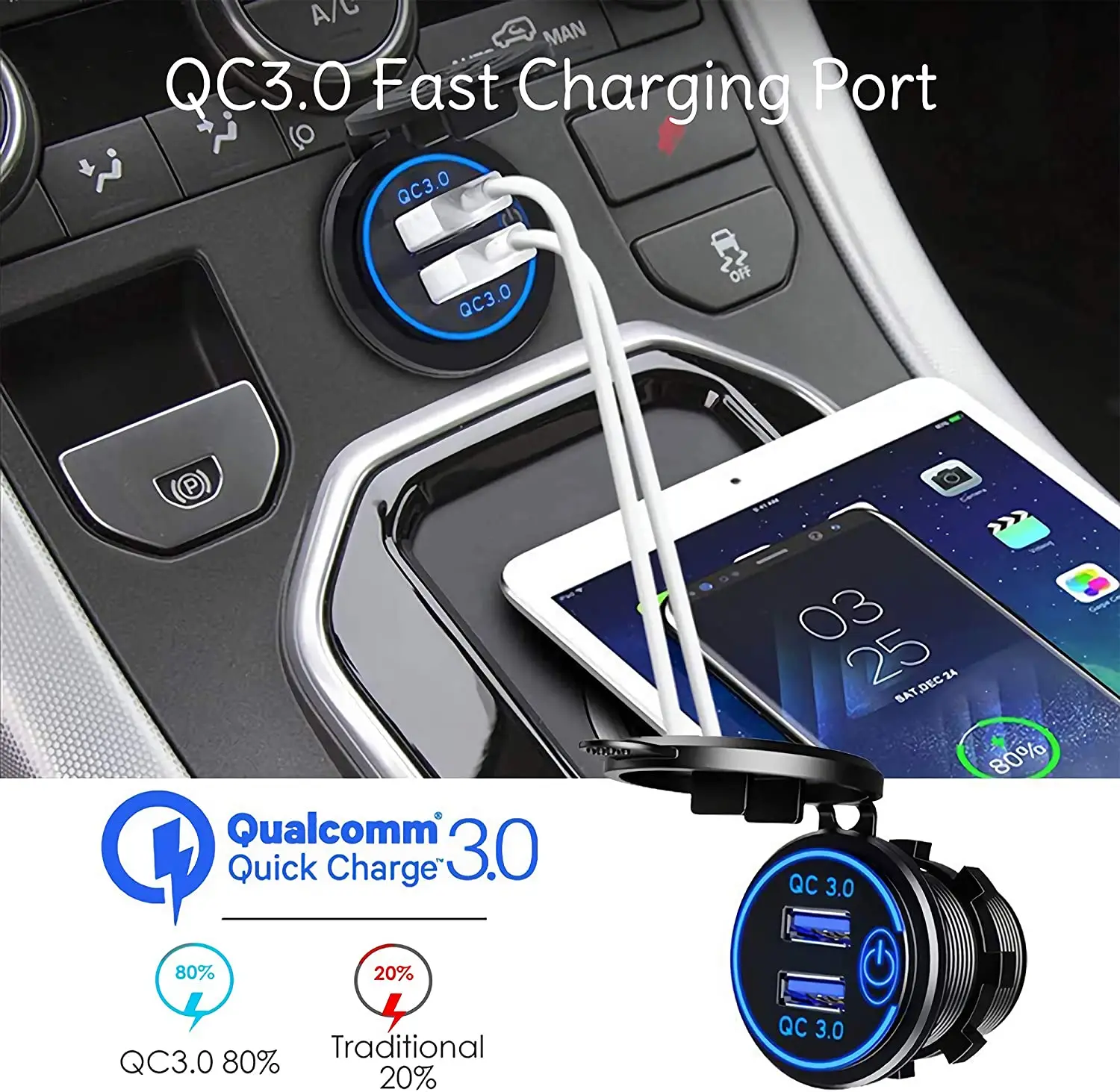 12V USB Outlet, Quick Charge 3.0 Dual USB Car Socket with Touch Switch 36W 12V/24V Fast Charger for Truck Motorcycle Marine Boat details