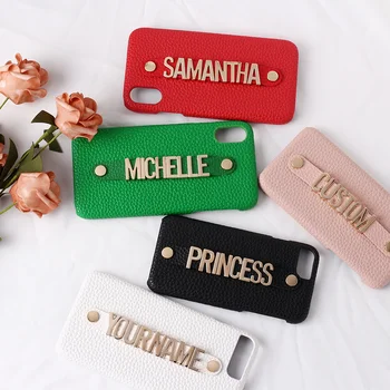 Premium Holding Strap Metal Letter Personalization leather phone case for iPhone 12 11 13 Pro XS Max XR 7 7Plus 8 8Plus X