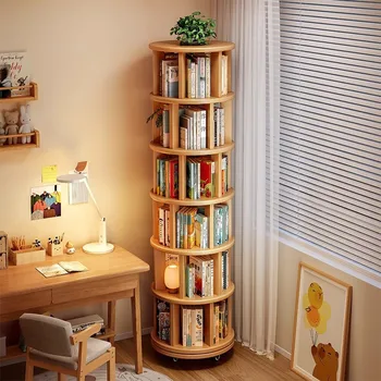 Solid Wood Rotating Bookshelf 360 Degree Floor-standing Bookcase Storage Rack Movable Corner Children's Small Narrow Cabinet
