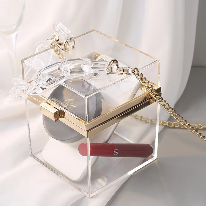 Acrylic Chain Transparent Square Box Flowers Box Clutch Clear Handbags