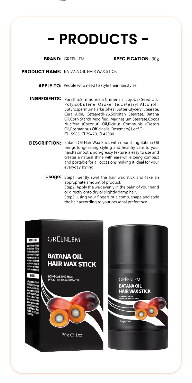 BATANA Organic Curly Hair Wax Stick Styling Natural Wax Batana Oil Shea Butter Jojoba Coconut Oil Strong Hold Shine/Gloss(pic5)