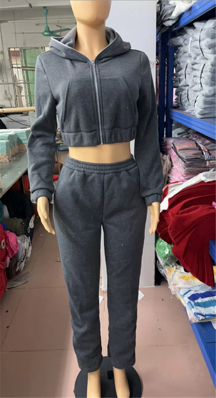 Xs Size 2 Piece Set Tracksuit Women Long Sleeve Zipper Hooded Jacket Top Autumn Winter