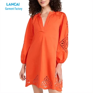 Women Cotton V-neck Shirt Dress Retro Casual Loose MIDI Long Sleeves Breathable Woven Solid Color Dress for Women