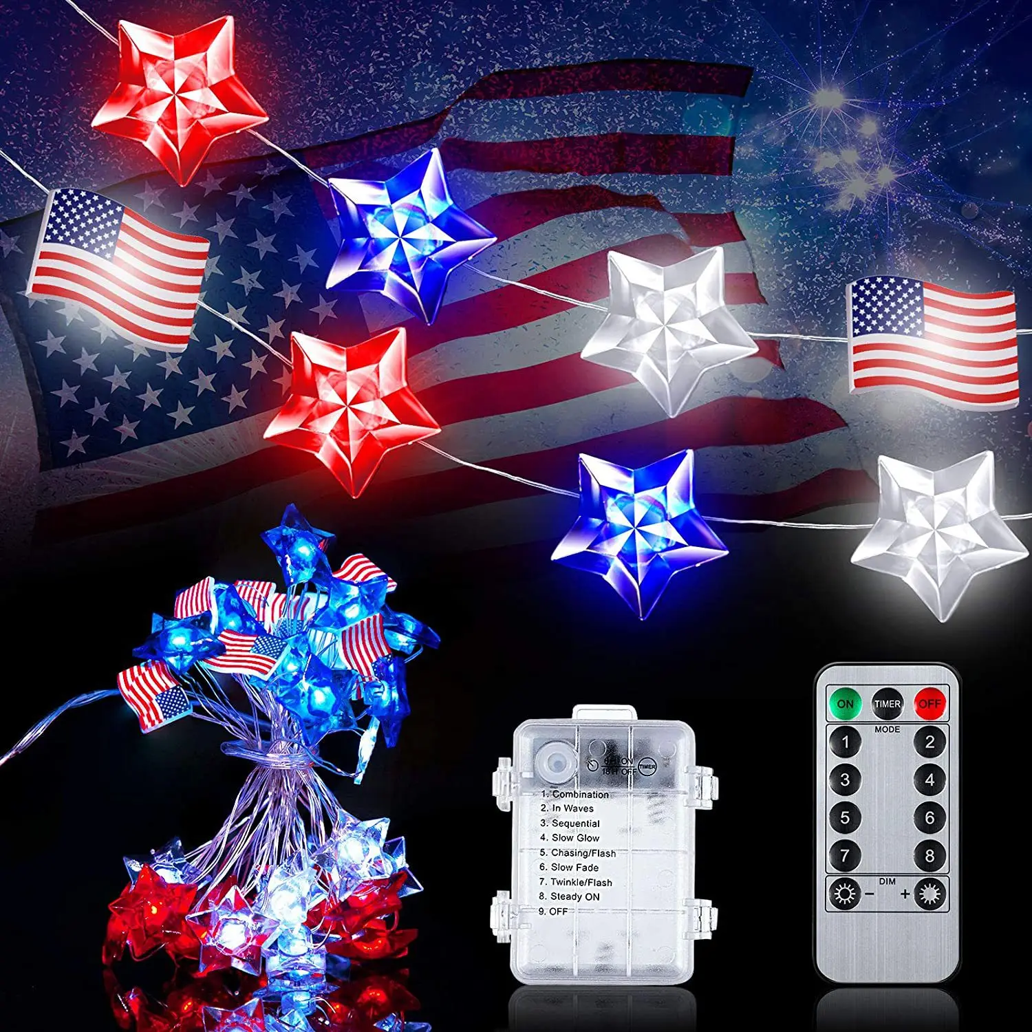 July 4th Independence Day Patriotic Decor Led American Flag Stars String Lights Battery Operated 8408