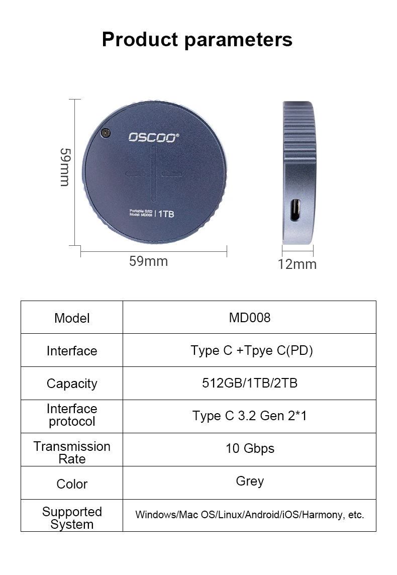 OSCOO Magnetic Portable SSD - 1TB, 10gbps, and PD Charging