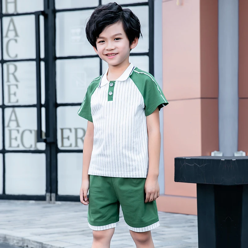 Short Sleeve Green and White Polo Shirt Uniforms Child High School Clothes  Primary Preschool Students Uniform Design