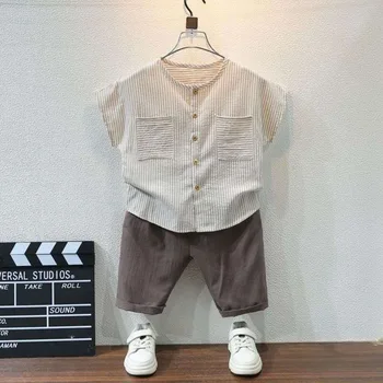 Children's clothing boys' cotton and linen suit summer clothes 2024 New style two-piece suit striped fashion
