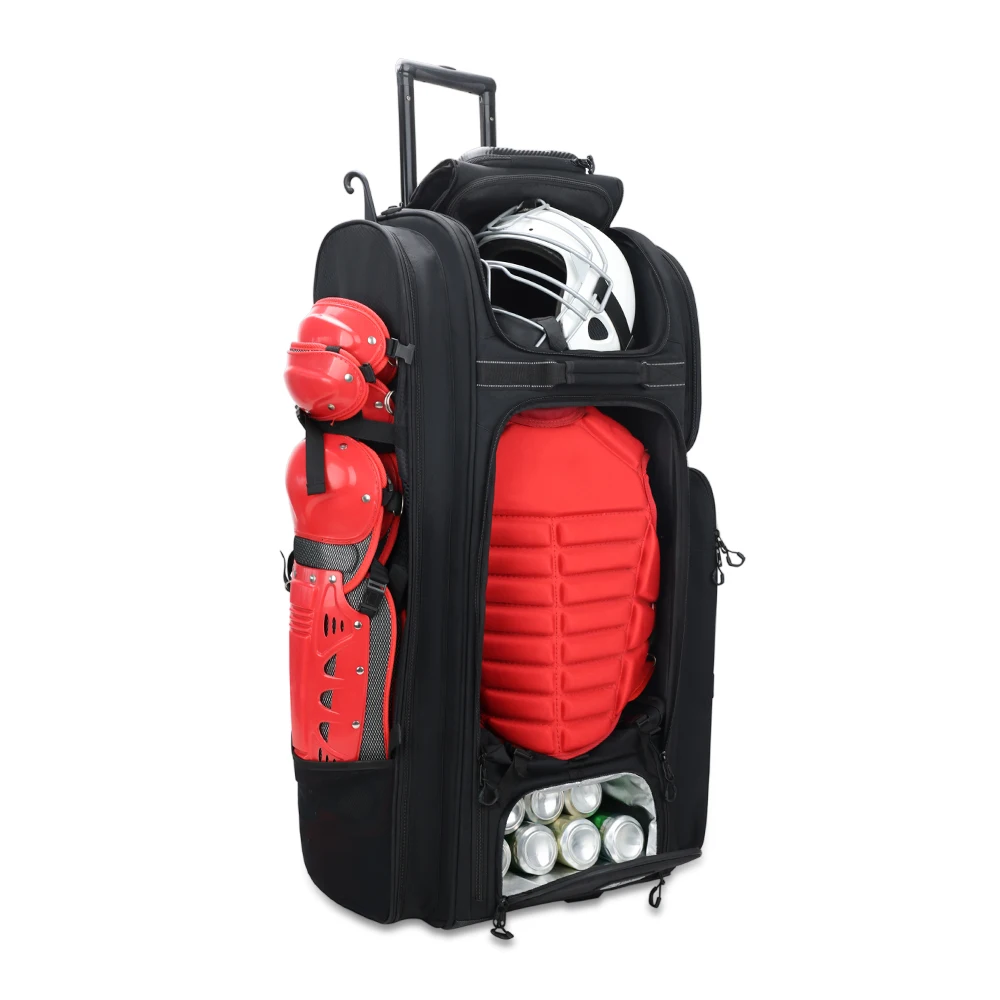 Large Storage Capacity Baseball Kit Bag Long Trolley Slowpitch Softball Gear Cooler Roller Equipment Bag with Wheels for Catcher