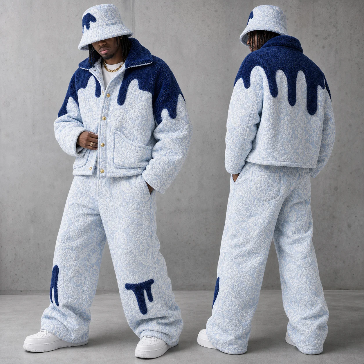 Wholesale Quilted Padded Jacket Pants Set Fleece Trim Sherpa Collar Streetwear Winter Bulk Fashion Men Winter Tracksuit Set gallery 3