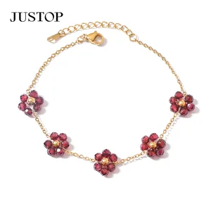 Pomegranate Red Natural Stone Flower Charm Bracelet Stainless Steel 18K Gold PVD Link Chain Fashion Trendy for Women Gift